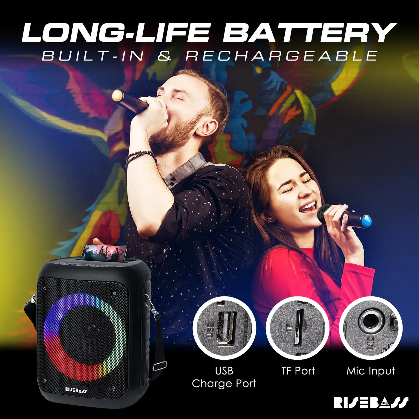 Friends singing using Portable Bluetooth Karaoke Speaker at home party